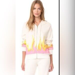 Wildfox white zip-up hoodie with pink/yellow/orange flames- Size S